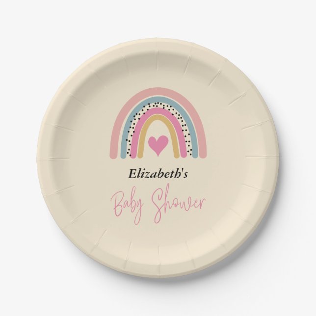 Cute Rainbow With Heart Girl Baby Shower  Paper Plates (Front)