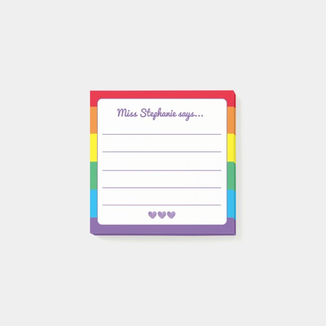 Cute Rainbow With Hearts Striped Teacher Name  Post-it Notes (Front)