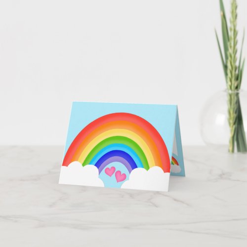 Cute Rainbow With Pink Hearts and Clouds Note Card