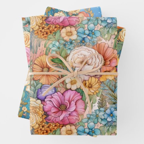 Cute Rainbows and Florals Watercolor  Wrapping Paper Sheets