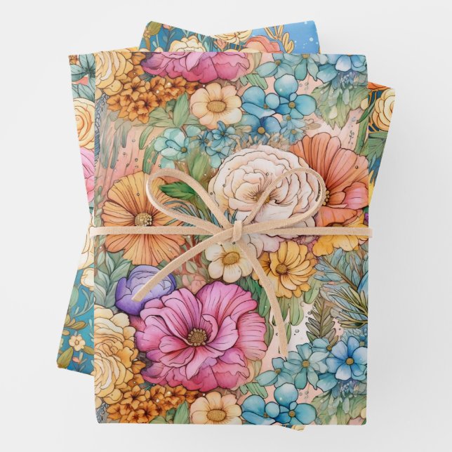 Cute Rainbows and Florals Watercolor  Wrapping Paper Sheets (In situ)