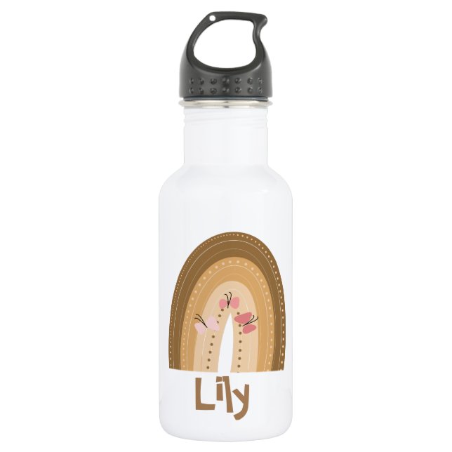 Cute Rainbows  Butterflies Pink Brown Bohemian Stainless Steel Water Bottle (Front)