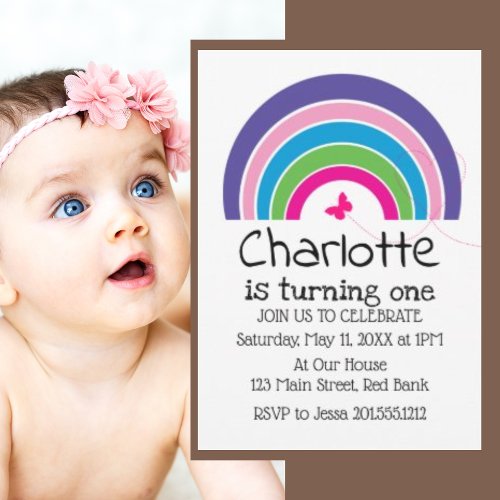 Cute Rainbows Butterfly Heart Girls 1st Birthday Invitation