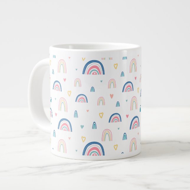 Cute Rainbows & Hearts Pattern Giant Coffee Mug (Front Left)