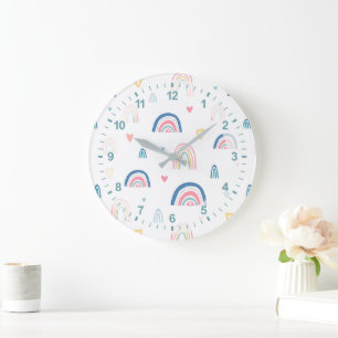 Cute Rainbows & Hearts Pattern Large Clock