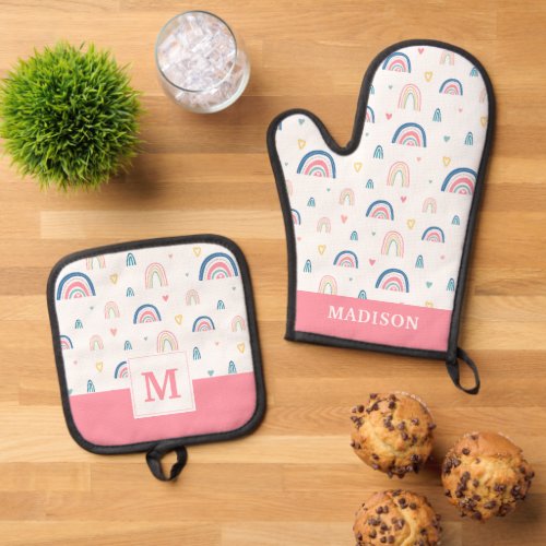 Cute Rainbows  Hearts Pattern Oven Mitt  Pot Holder Set