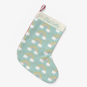 Cute Rainbows in Blue Gold Glitter Personalized Small Christmas Stocking