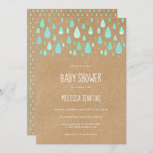 Cute Raindrops Baby Shower Rustic Kraft Boho Invitation