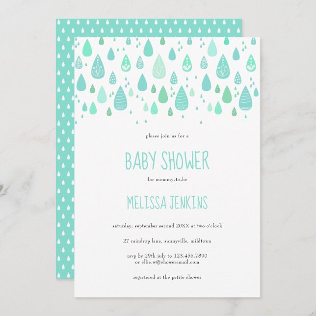Cute Raindrops Baby Shower / Sprinkle Invitation (Front/Back)