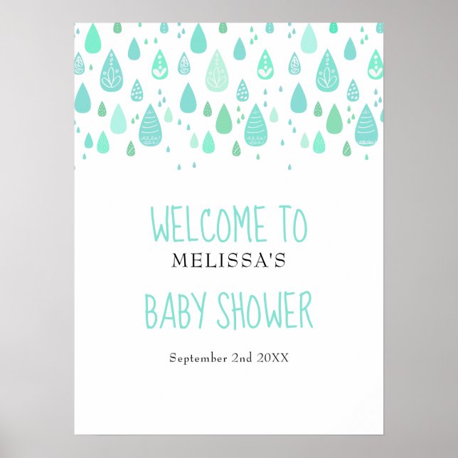 Cute Raindrops Baby Shower / Sprinkle Welcome Sign (Front)
