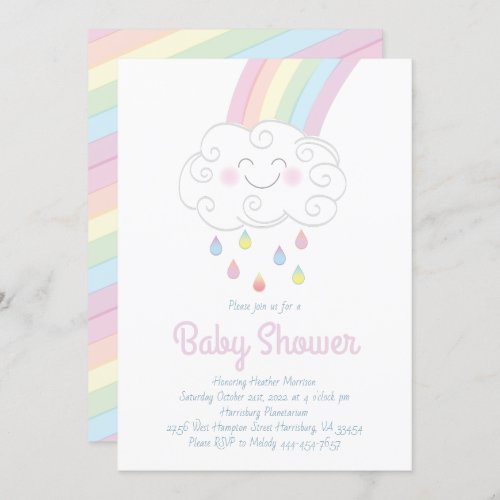 Cute Raindrops Cloud Rainbow Pastel Baby Shower Invitation