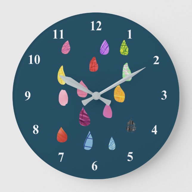 Cute raindrops colorful rain art large clock (Front)