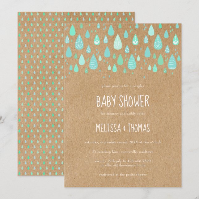 Cute Raindrops Couples Baby Shower / Sprinkle Invitation (Front/Back)