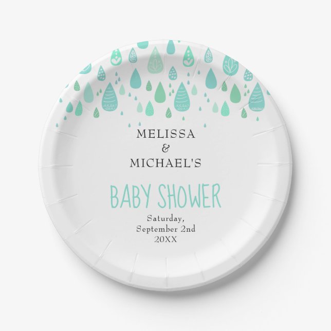 Cute Raindrops Couples Baby Shower / Sprinkle Paper Plates (Front)