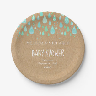 Cute Raindrops Couples Baby Shower/Sprinkle Rustic Paper Plates