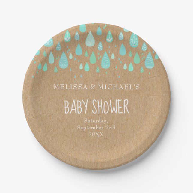 Cute Raindrops Couples Baby Shower/Sprinkle Rustic Paper Plates (Front)