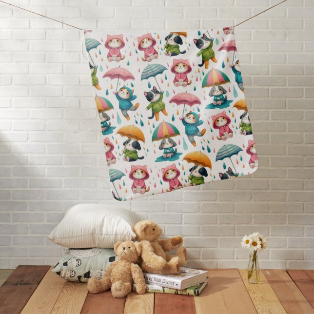 Cute Raining Cats and Dogs with Umbrellas Baby Blanket (In Situ)
