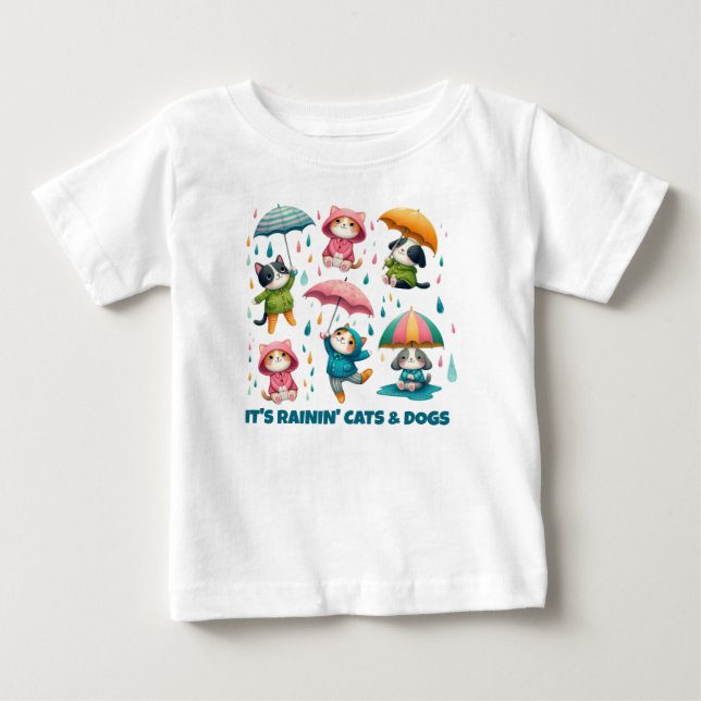 Cute Raining Cats and Dogs with Umbrellas Baby T-Shirt (Front)