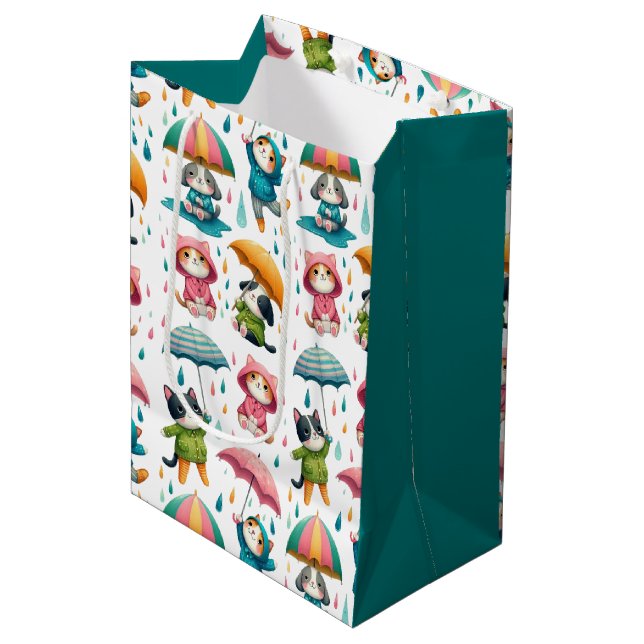 Cute Raining Cats and Dogs with Umbrellas Medium Gift Bag (Front Angled)