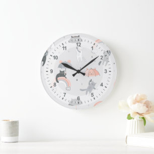 Cute Raining Cats Pattern Large Clock