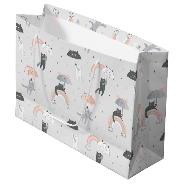 Cute Raining Cats Pattern Large Gift Bag (Front Angled)