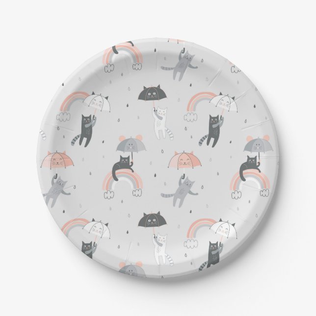 Cute Raining Cats Pattern Paper Plates (Front)