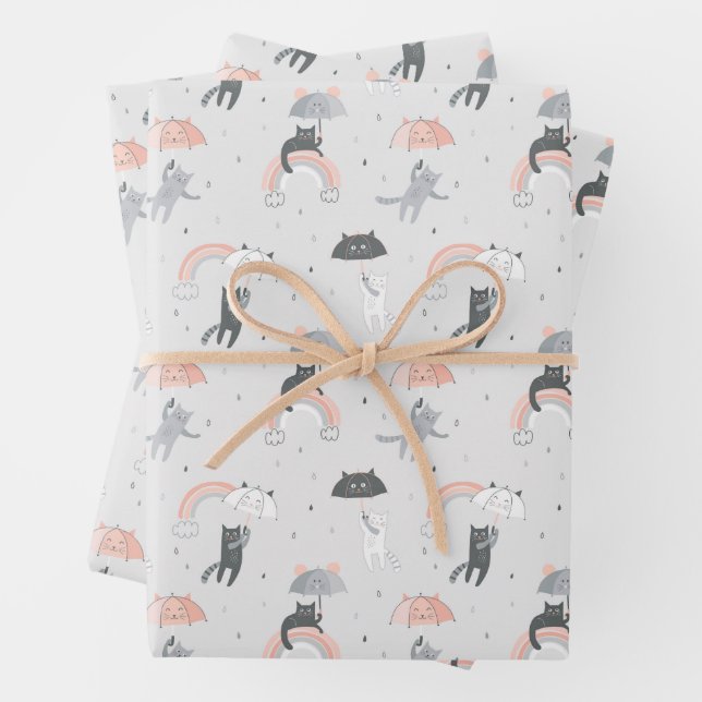 Cute Raining Cats Pattern Wrapping Paper Sheets (In situ)