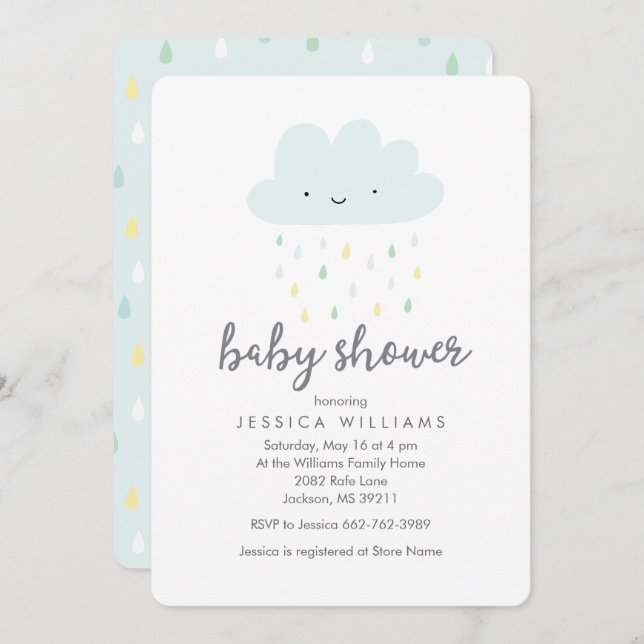 Cute Rainy Cloud Baby Shower Invitation in Blue (Front/Back)