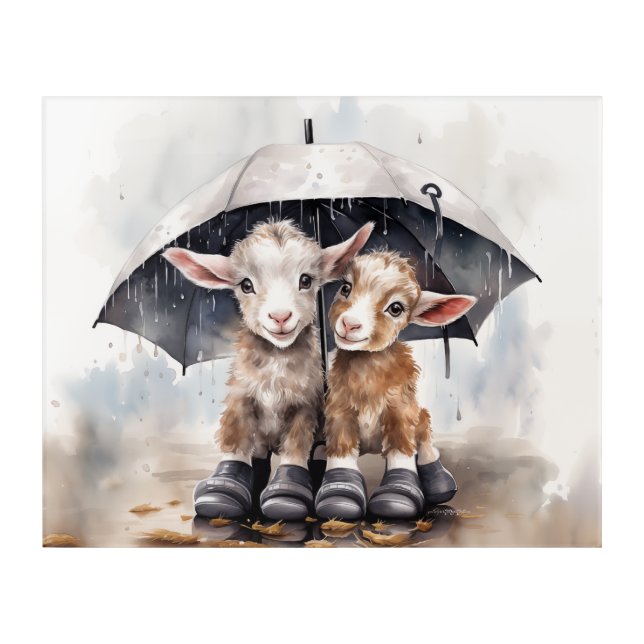 Cute Rainy Day Goats  Acrylic Print (Front)