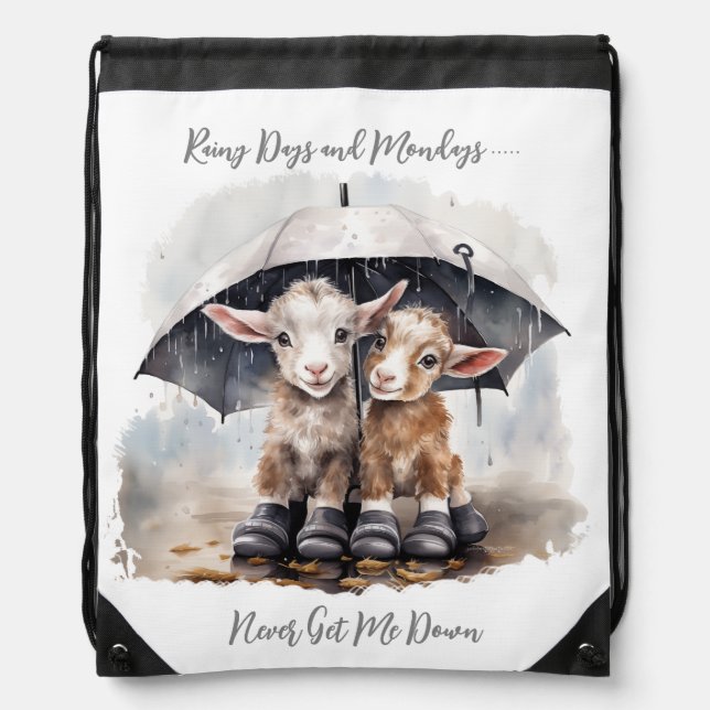Cute Rainy Day Goats Drawstring Bag (Front)