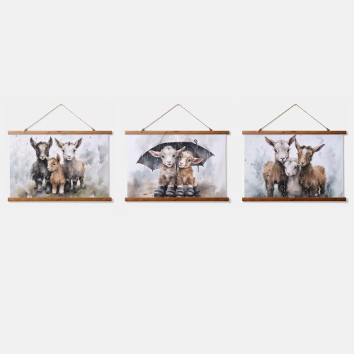 Cute Rainy Day Goats  Hanging Tapestry