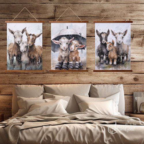 Cute Rainy Day Goats  Hanging Tapestry