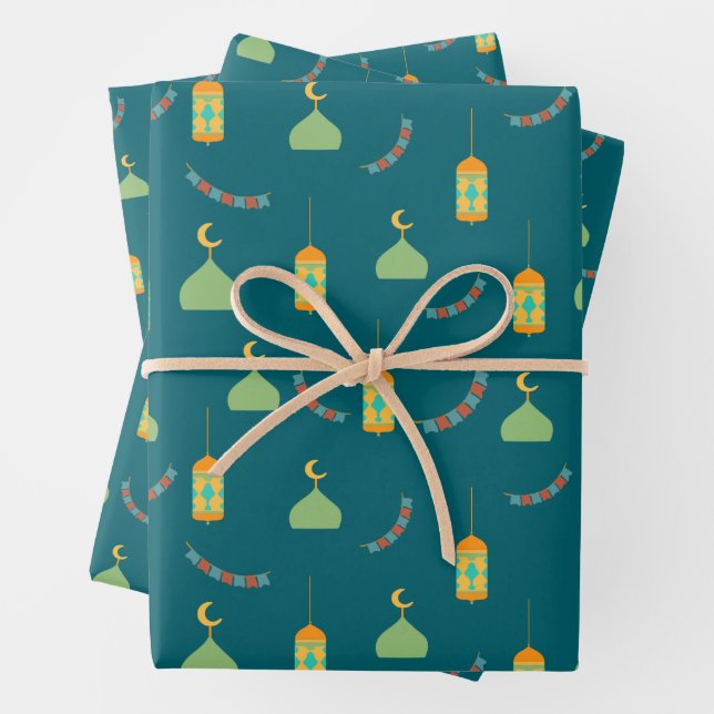 Cute Ramadan Green Eid Gift Wrapping Paper Sheets (In situ)