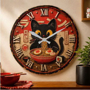 Cute Ramen Cat Japanese Noodle Kawaii Anime Style Large Clock