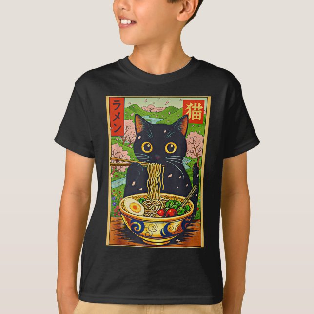 Cute Ramen Cat Nature Flowers Noodle Anime  T-Shirt (Front)