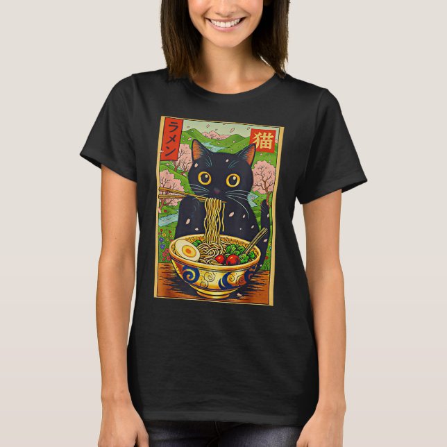 Cute Ramen Cat Nature Flowers Noodle Anime  T-Shirt (Front)