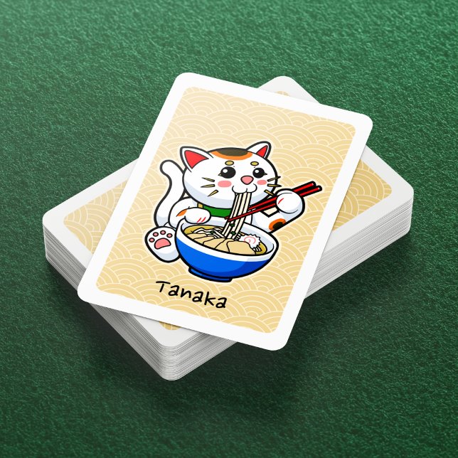 Cute Ramen-Eating Japanese Lucky Cat- Personalized Poker Cards (Lucky Cat Eating Ramen Playing Cards- Deck View)