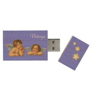 Cute Raphael Cherubs & Stars on Light Blue Wood Flash Drive