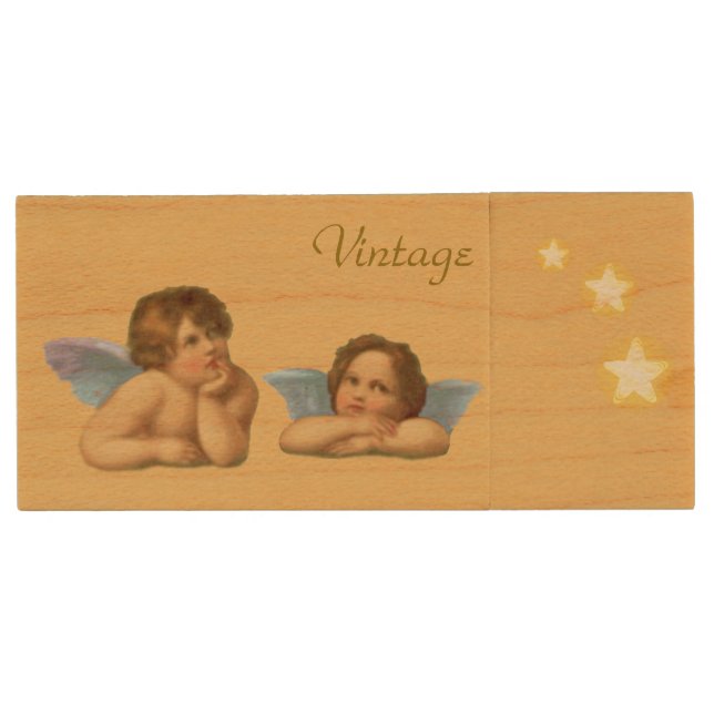 Cute Raphael Cherubs & Stars Wood Flash Drive (Front)