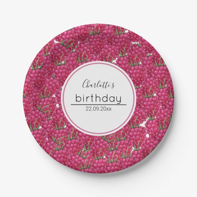Cute Raspberries Birthday Party Watercolor Pattern Paper Plates (Front)