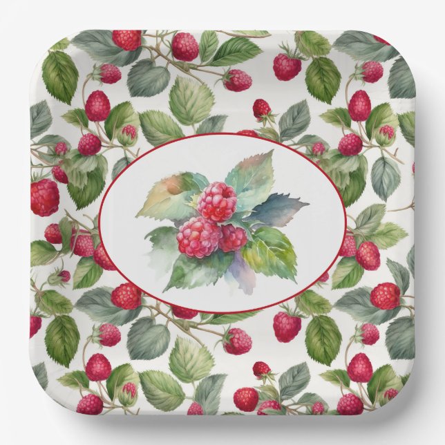 Cute Raspberries Watercolor Paper Plates (Front)