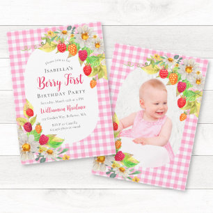 Cute Raspberry Berry First Birthday Add Photo Invitation