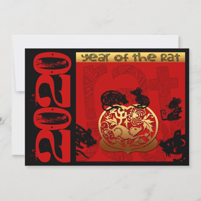 Cute Rat Chinese Year 2020 Zodiac Birthday InV Announcement (Front)