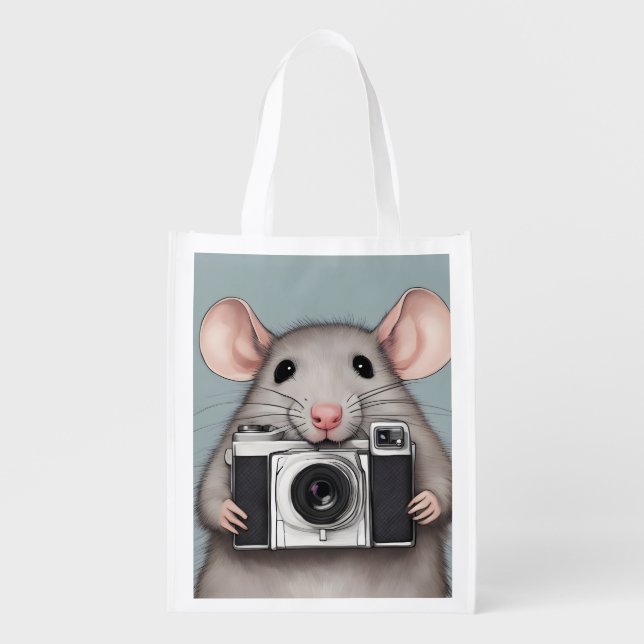 Cute Rat Photographer Grocery Bag (Front)