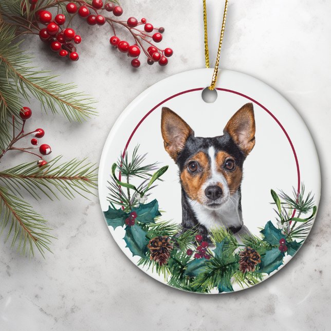 Cute Rat Terrier Evergreen Berry Wreath Ceramic Ornament (Creator Uploaded)