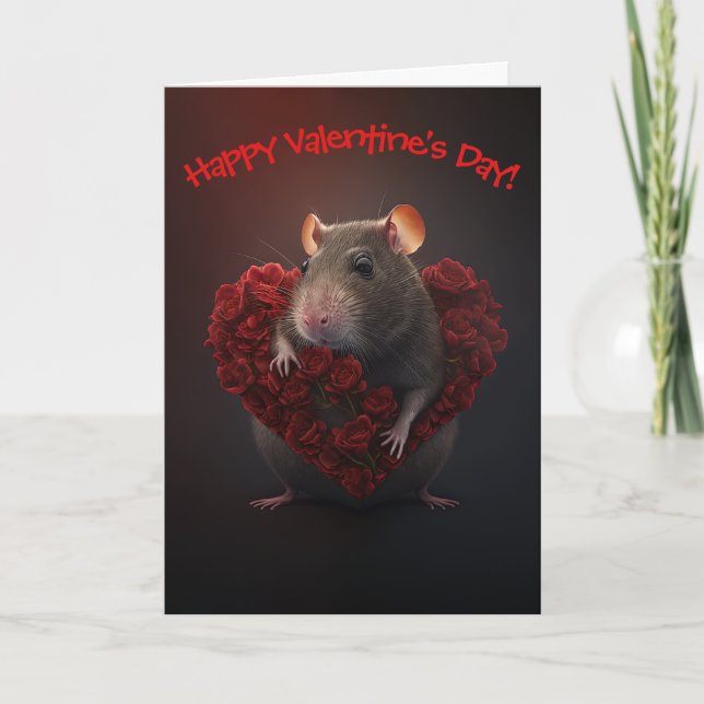 Cute Rat with Flower Heart Funny Valentine's Day Holiday Card (Front)