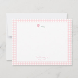 Cute Rattle with pink Gingham Border Baby girl Thank You Card