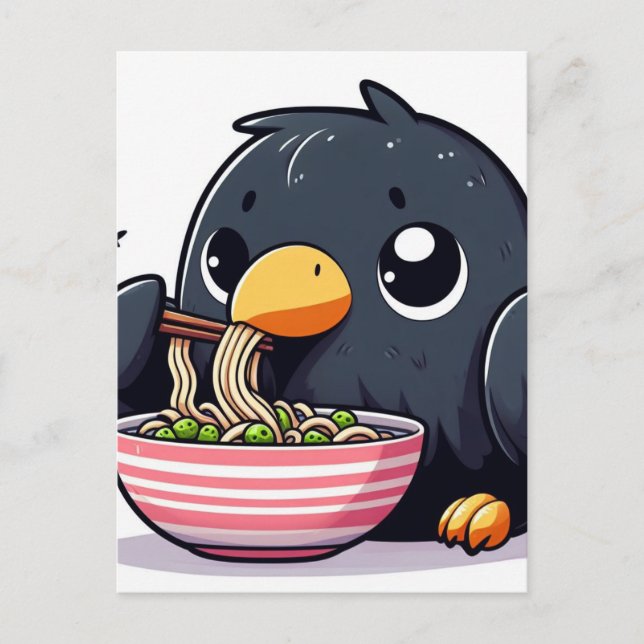 Cute Raven Eating Ramen Postcard (Front)