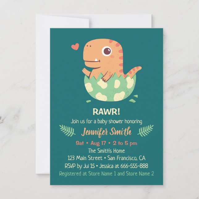 Cute Rawr Dinosaur Hatches From Egg Baby Shower Invitation (Front)