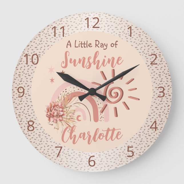 Cute Ray of Sunshine Girls Boho Rainbow Nursery Large Clock (Front)